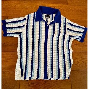 Original Use Mens Blue White Stripe Pointelle Knit Button Up Shirt Medium
